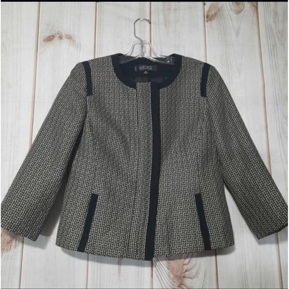 Kasper Jacket Womens 6P Black White Tweed Collarless Blazer Petite Career Office